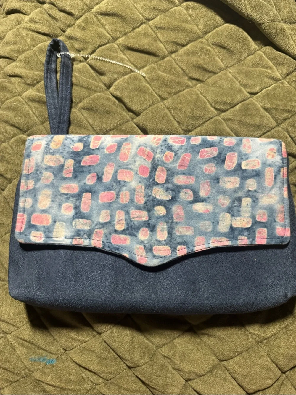 Blue Suede Wristlet Clutch - Blue and Pink